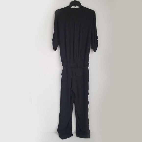Express Button Front Jumpsuit Womens XS Roll Tab Sleeve Black Viscose Front Tie - Picture 5 of 9